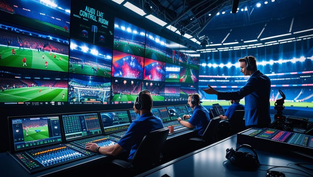 Live sports broadcast control room during a football match, with multiple monitors showing different camera angles, glowing control panels, headset-wearing operators, and a director pointing at the main screen."