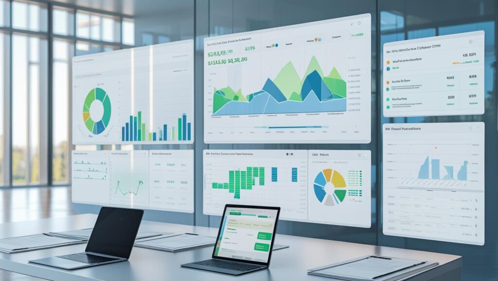 Modern office workspace with digital screens showing financial analytics, project timelines, and CRM dashboards.