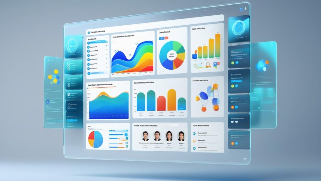 Floating high-tech CRM dashboard with charts, contact profiles, and workflow diagrams, glowing against a modern gradient background.