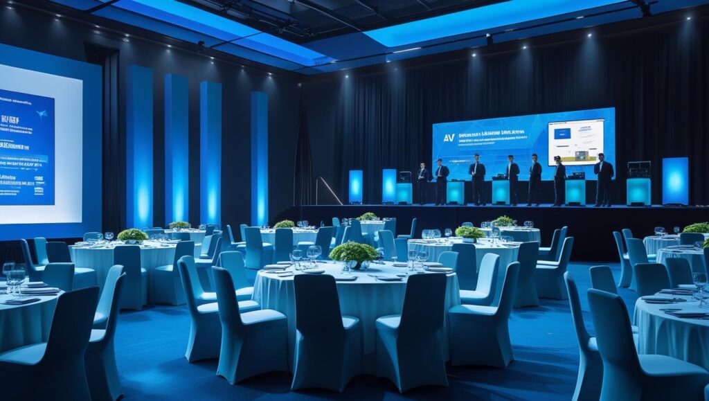 Professional event management team coordinating a corporate conference with stage, LED screens, and elegant table setup.