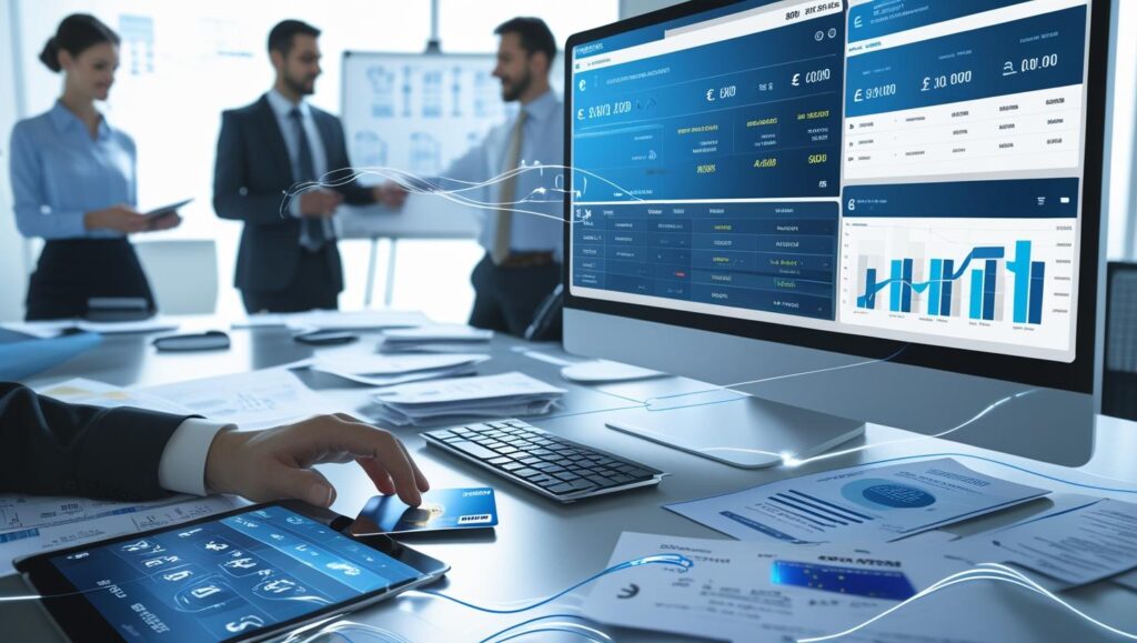 Modern office desk with dual monitors showing financial dashboards, paperwork, and a hand typing while holding a bank card.