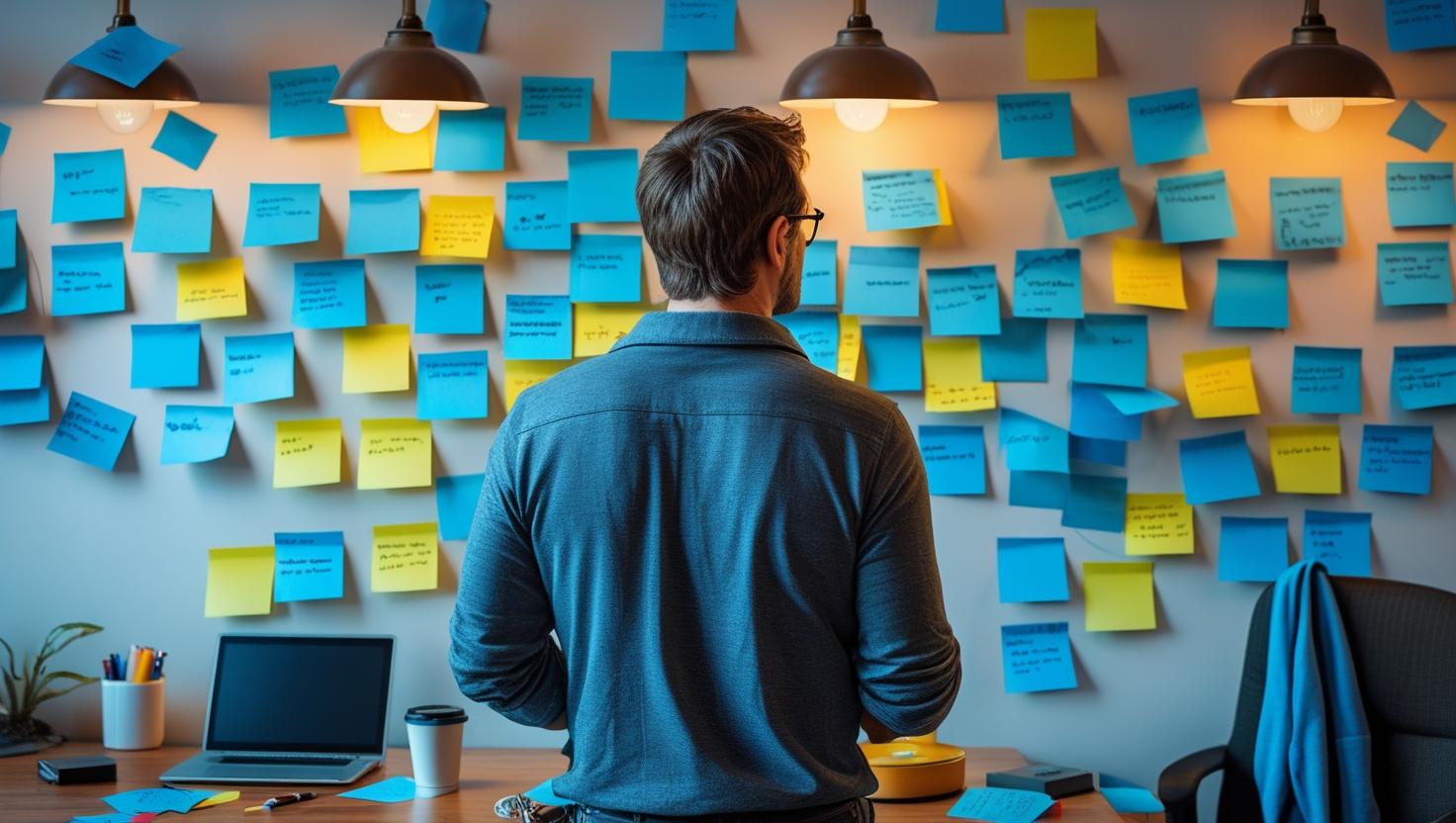 Back view of a man in his 40s wearing glasses, standing in front of a chaotic wall of blue sticky notes in a modern office.