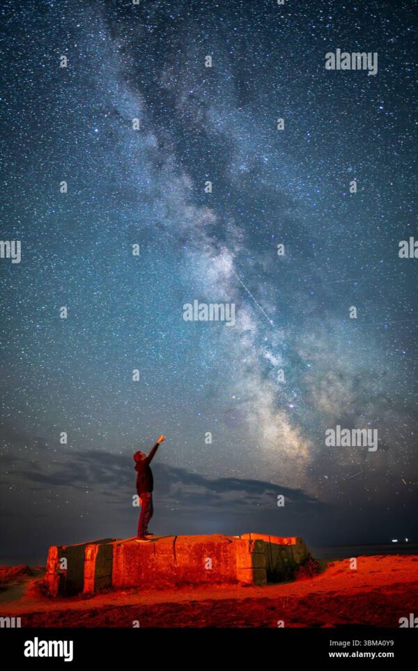 Person standing on a concrete structure, pointing at the Milky Way galaxy in the night sky.