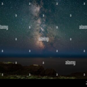 Milky Way galaxy above a rocky coastal landscape at night.
