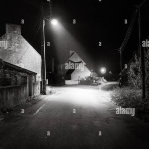 Empty rural village street at night illuminated by streetlights in black and white.